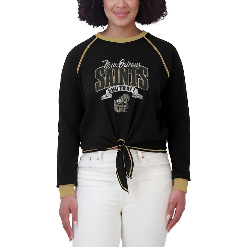 Haut à manches longues noué sur le devant noir/doré pour femme WEAR by Erin Andrews, grande taille, des Saints de la Nouvelle-Orléans