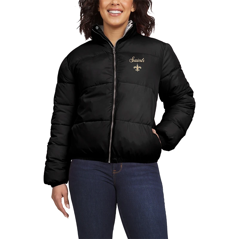 Women's WEAR by Erin Andrews Black/White New Orleans Saints Reversible Cropped Full-Zip Puffer Jacket