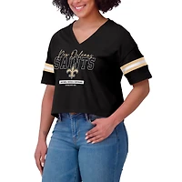 T-shirt court à col en V et blocs de couleurs pour femme WEAR by Erin Andrews, noir, style boxy, des New Orleans Saints