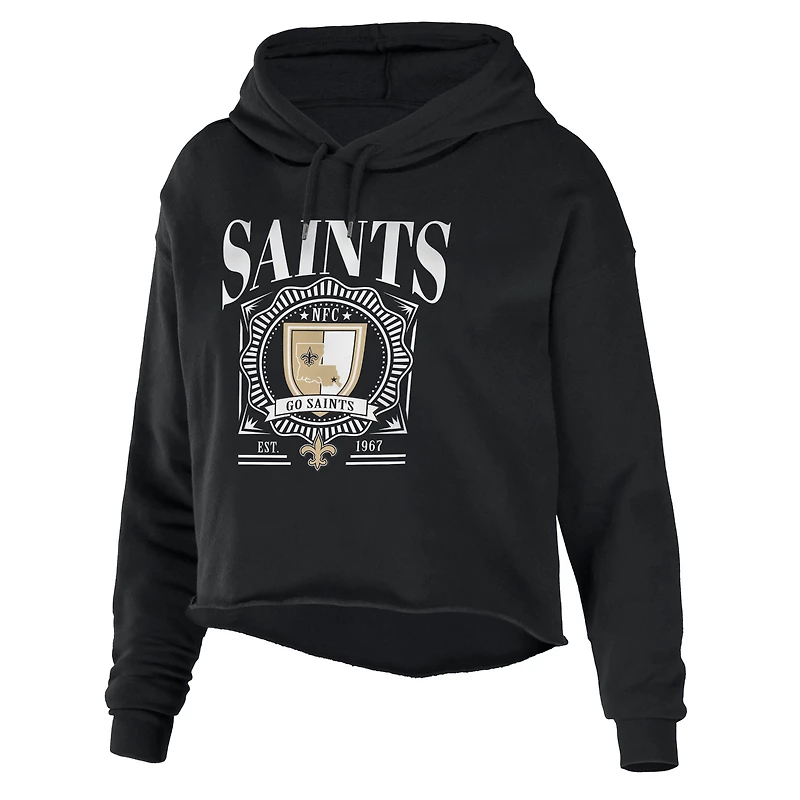 Women's WEAR by Erin Andrews Black New Orleans Saints Cropped Sponge Fleece Pullover Hoodie
