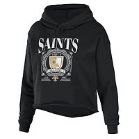 Women's WEAR by Erin Andrews Black New Orleans Saints Cropped Sponge Fleece Pullover Hoodie