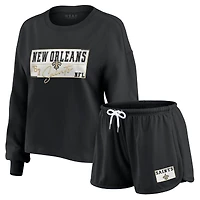Women's WEAR by Erin Andrews Black New Orleans Saints Heavy Rugby Jersey Long Sleeve T-Shirt & Shorts Lounge Set