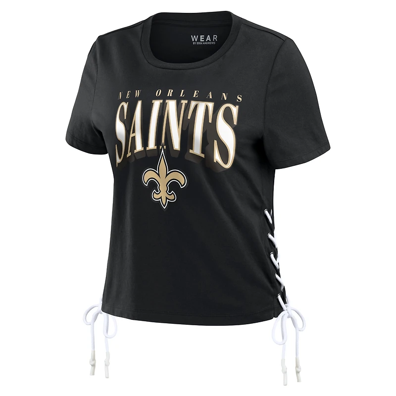 T-shirt court à lacets sur le côté pour femme WEAR by Erin Andrews, noir, des New Orleans Saints