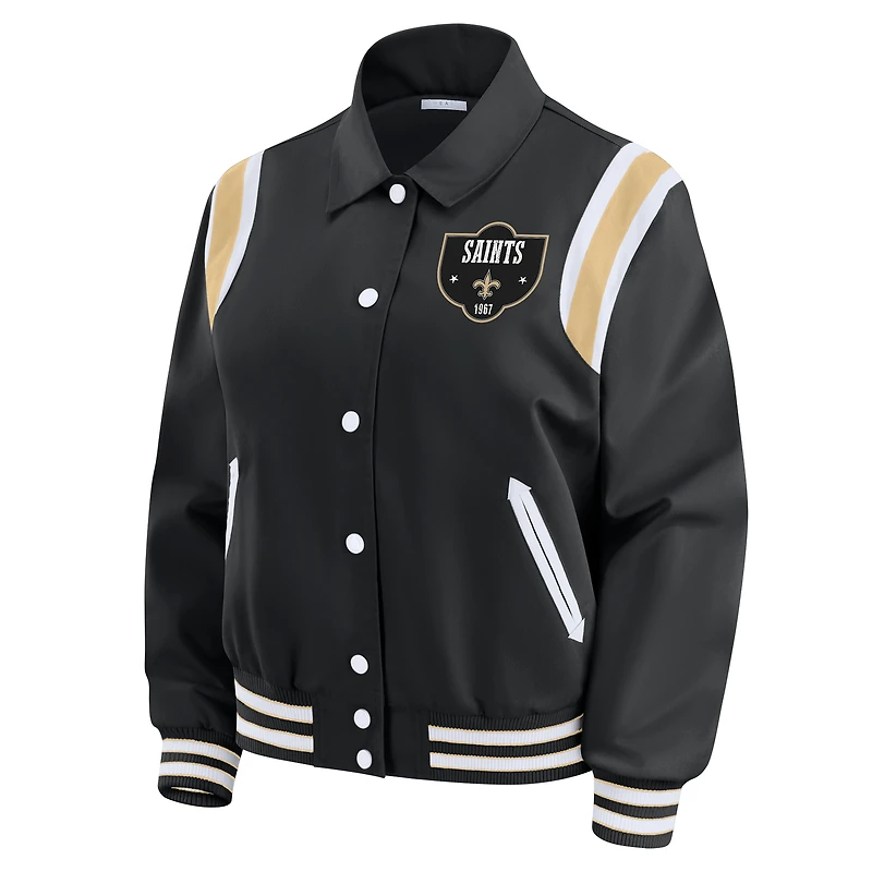Women's WEAR by Erin Andrews Black New Orleans Saints Varsity Lightweight Full-Snap Jacket