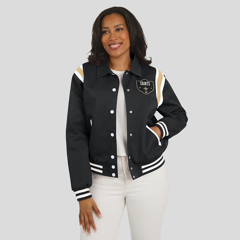 Women's WEAR by Erin Andrews Black New Orleans Saints Varsity Lightweight Full-Snap Jacket