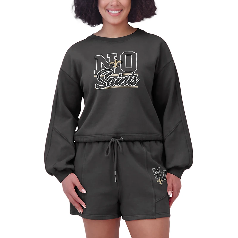 Ensemble de détente pour femme WEAR by Erin Andrews avec t-shirt à manches longues et short en molleton délavé noir New Orleans Saints