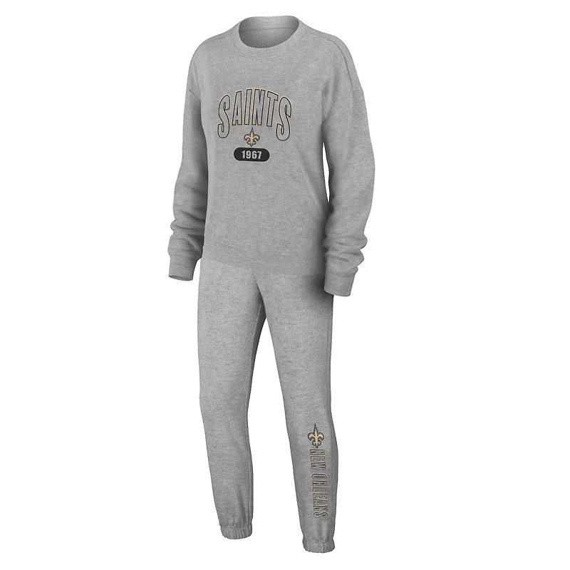 Women's WEAR by Erin Andrews Heather Gray New Orleans Saints Plus Knitted Tri-Blend Long Sleeve T-Shirt & Pants Lounge Set
