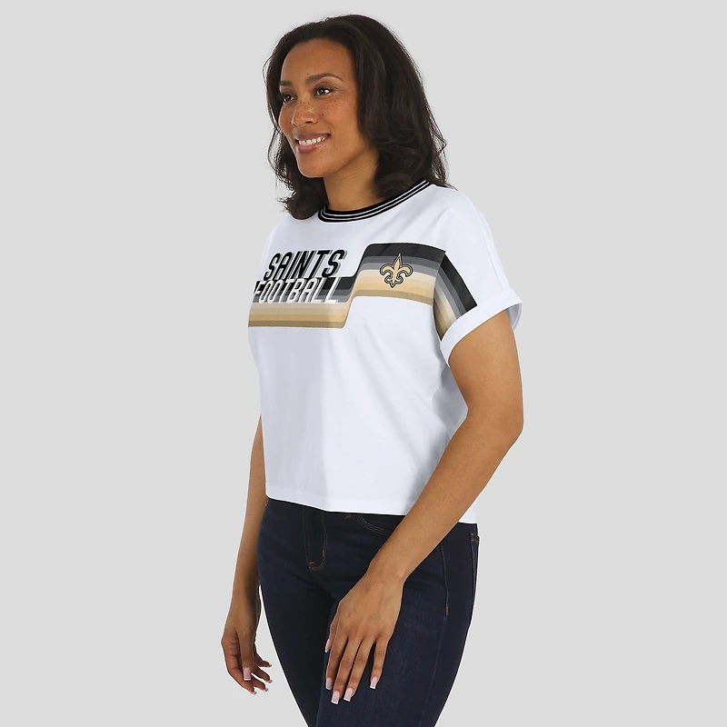 Women's WEAR by Erin Andrews White New Orleans Saints Cropped Center Stripe Dolman T-Shirt