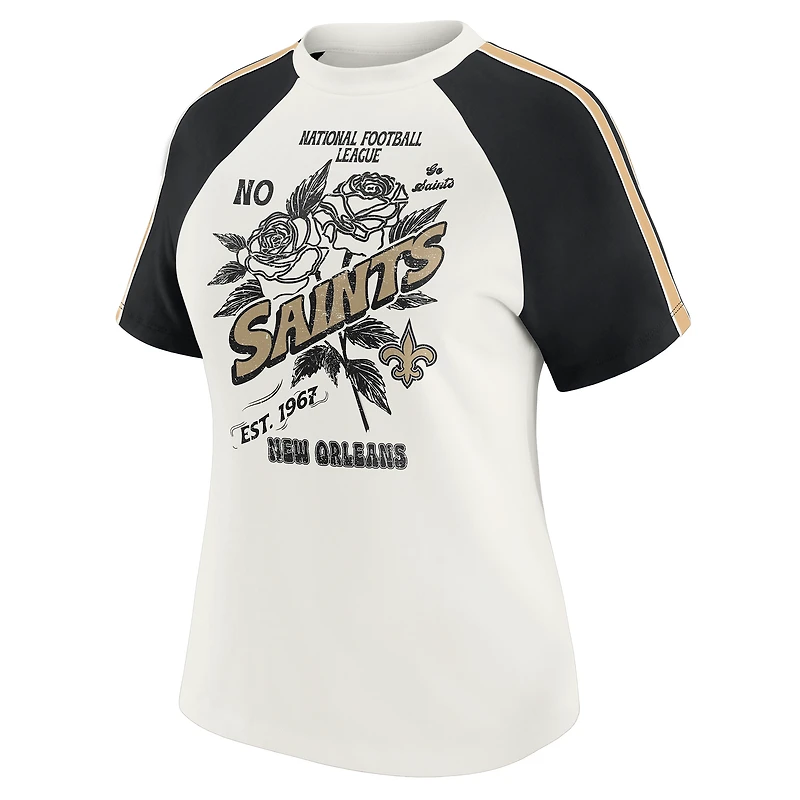 T-shirt raglan blanc à rayures et manches pour femme WEAR by Erin Andrews, motif New Orleans Saints