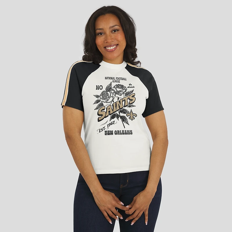 T-shirt raglan blanc à rayures et manches pour femme WEAR by Erin Andrews, motif New Orleans Saints
