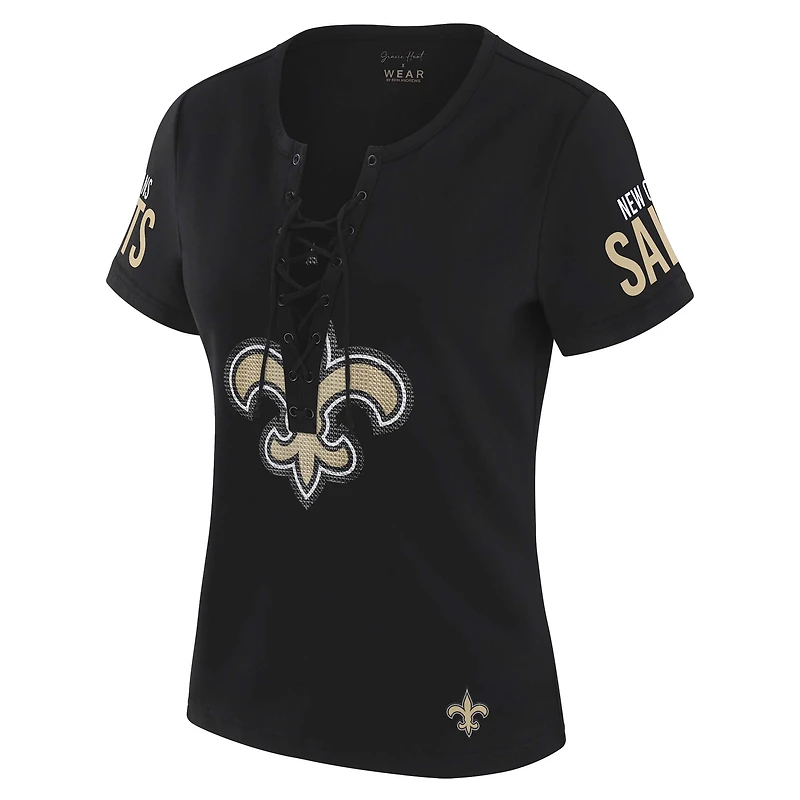 Women's WEAR by Erin Andrews x Gracie Hunt Black New Orleans Saints Draft Me Lace-Up T-Shirt