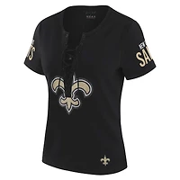 Women's WEAR by Erin Andrews x Gracie Hunt Black New Orleans Saints Draft Me Lace-Up T-Shirt