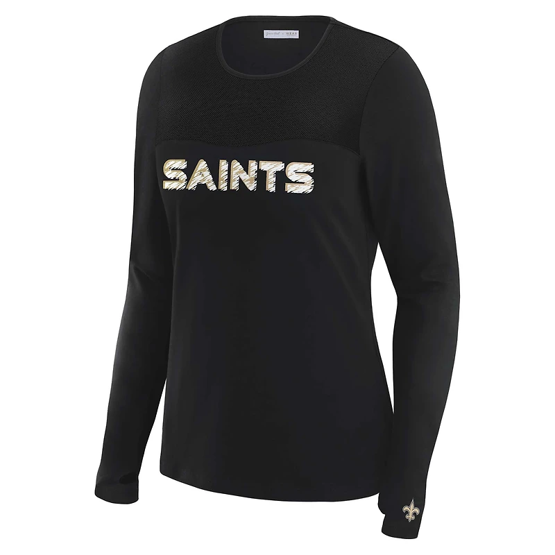 T-shirt à manches longues et empiècement en maille noire New Orleans Saints pour femme WEAR by Erin Andrews x Gracie Hunt