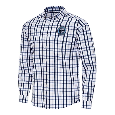 Men's Antigua Navy/Gray New York City FC Tending 2 Tri-Blend Long Sleeve Button-Down Shirt