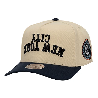 Men's Mitchell & Ness Cream/Navy New York City FC Upside Down Pro Pinch Snapback Hat