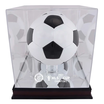 New York City FC 2021 MLS Cup Champions Mahogany Team Logo Soccer Ball Display Case