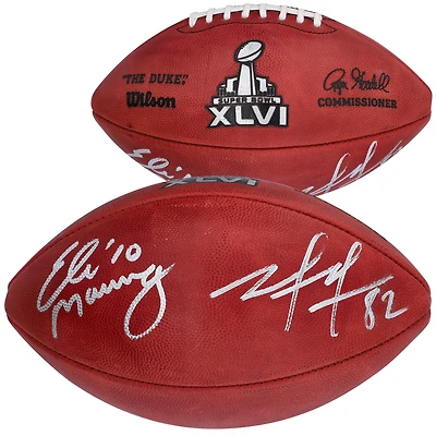 Ballon de football professionnel Wilson Super Bowl XLVI autographié par Eli Manning et Mario Manningham des New York Giants