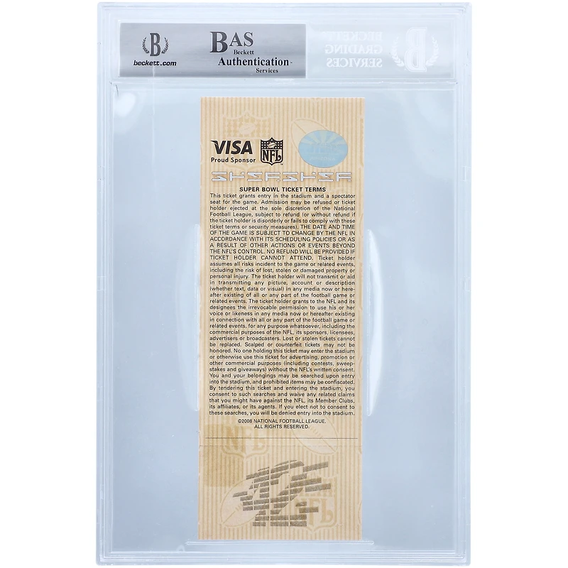 Billet authentifié BAS bleu dédicacé par Eli Manning des New York Giants pour le Super Bowl XLII avec l'inscription « SB XLII MVP »