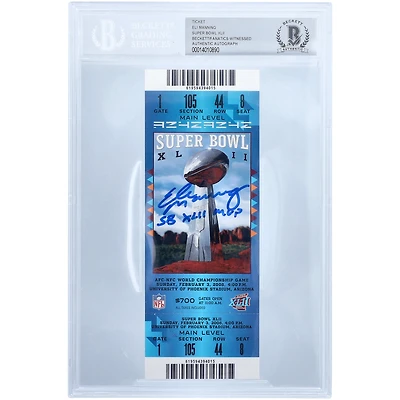 Billet authentifié BAS bleu dédicacé par Eli Manning des New York Giants pour le Super Bowl XLII avec l'inscription « SB XLII MVP »
