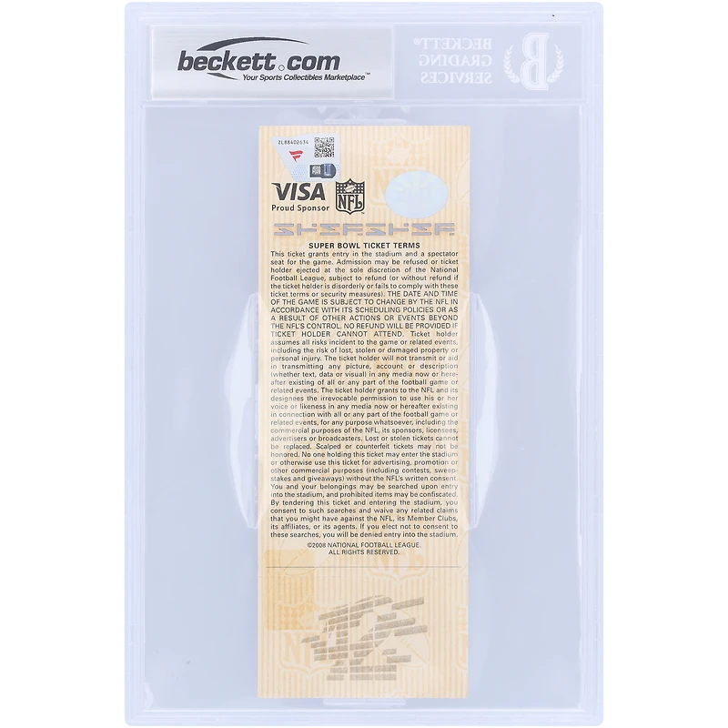 Billet autographié par Eli Manning des New York Giants pour le Super Bowl XLII, signé Beckett Fanatics, et authentifié par les fans du Super Bowl XLII, daté du 3 février 2008 et portant l'inscription « SB XLII MVP ».