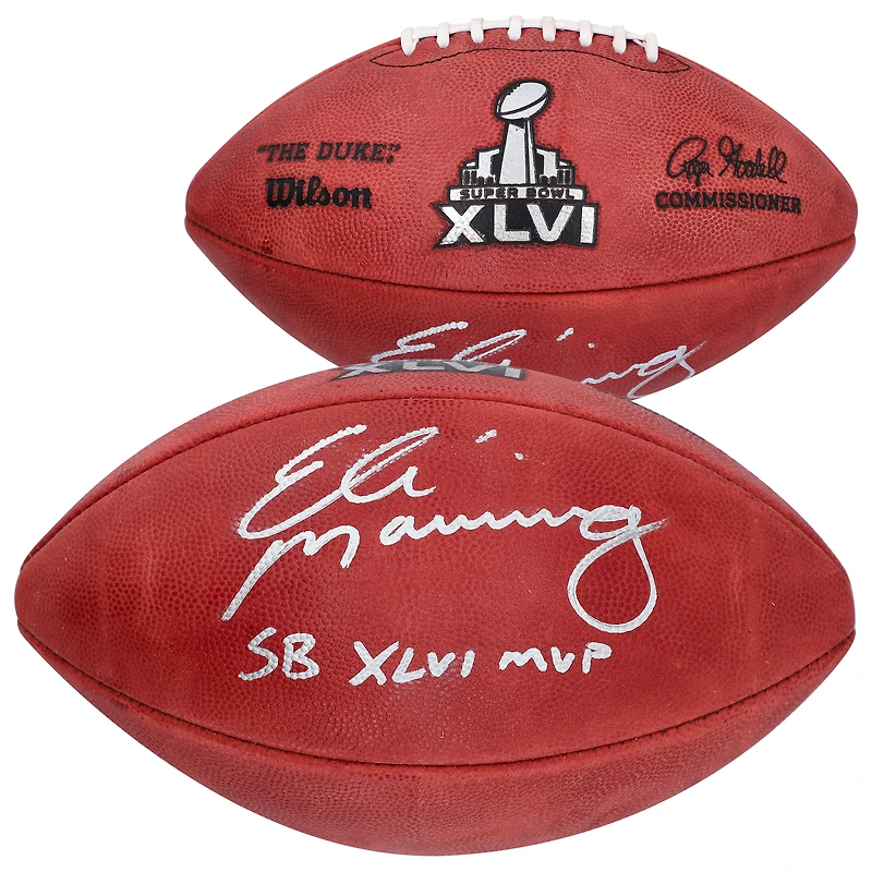 Ballon de football américain professionnel autographié par Eli Manning des New York Giants lors du Super Bowl XLVI, avec l'inscription « MVP du Super Bowl XLVI ».
