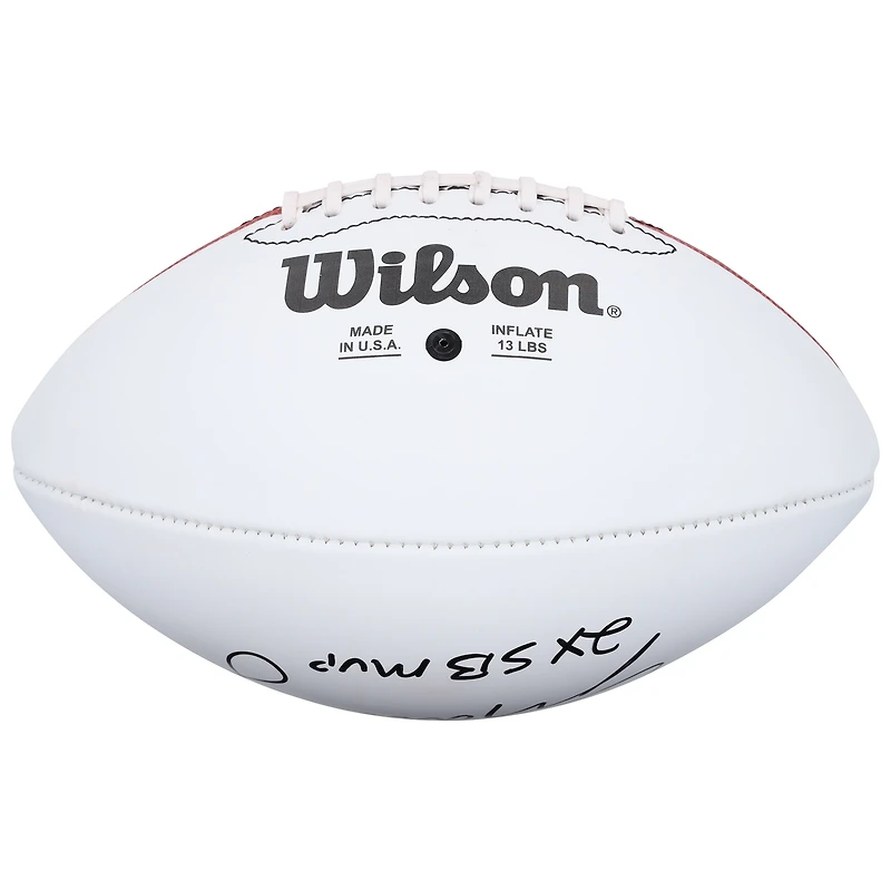 Ballon de football américain Wilson à panneau blanc, autographié par Eli Manning (New York Giants), commémorant le 100e anniversaire de la saison, avec inscription « 2x MVP du Super Bowl ».