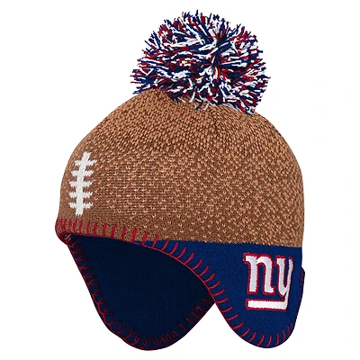 Bonnet tricoté marron pour bébé avec pompon et motif tête de football des New York Giants