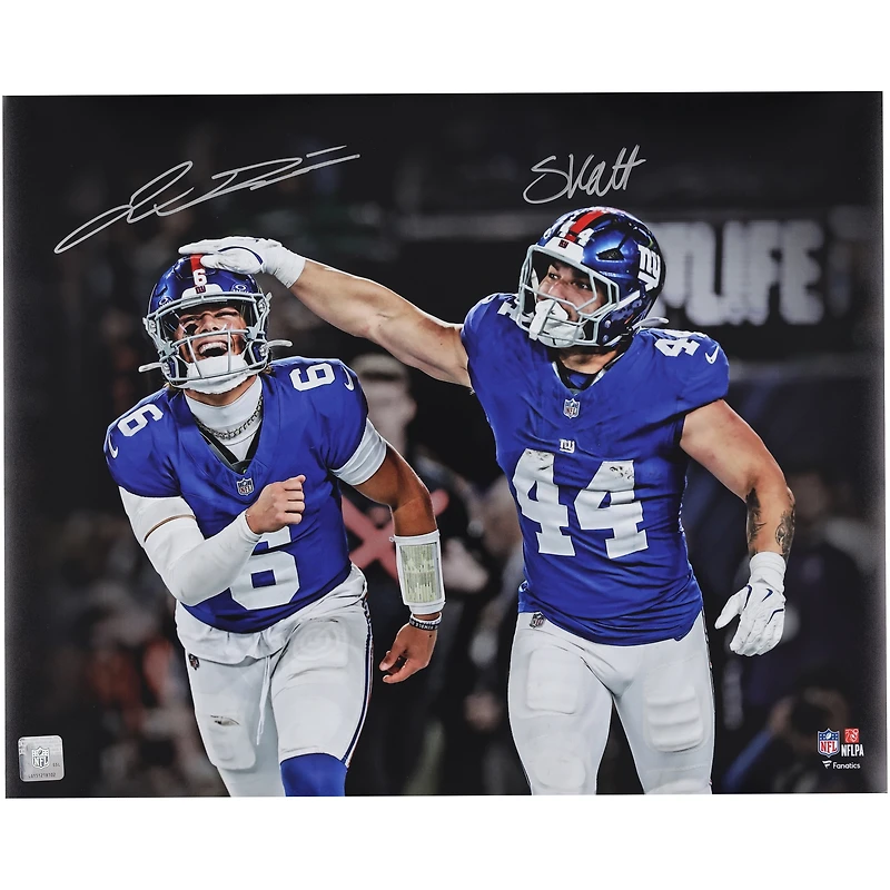 Jaxson Dart & Cam Skattebo New York Giants Autographed 16" x 20" Touchdown Celebration vs. Philadelphia Eagles Photograph
