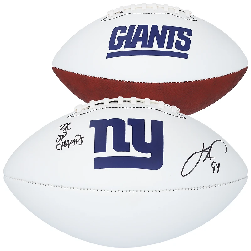 Ballon de football Franklin White Panel autographié par Justin Tuck des New York Giants avec l'inscription « 2x SB Champs »