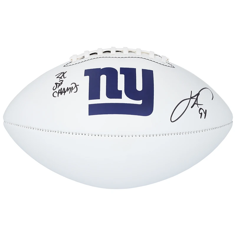 Ballon de football Franklin White Panel autographié par Justin Tuck des New York Giants avec l'inscription « 2x SB Champs »