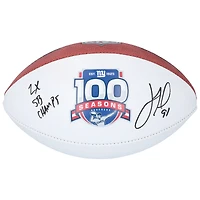 Ballon de football blanc dédicacé par Justin Tuck des New York Giants pour la 100e saison de Wilson avec l'inscription « 2x SB Champs »