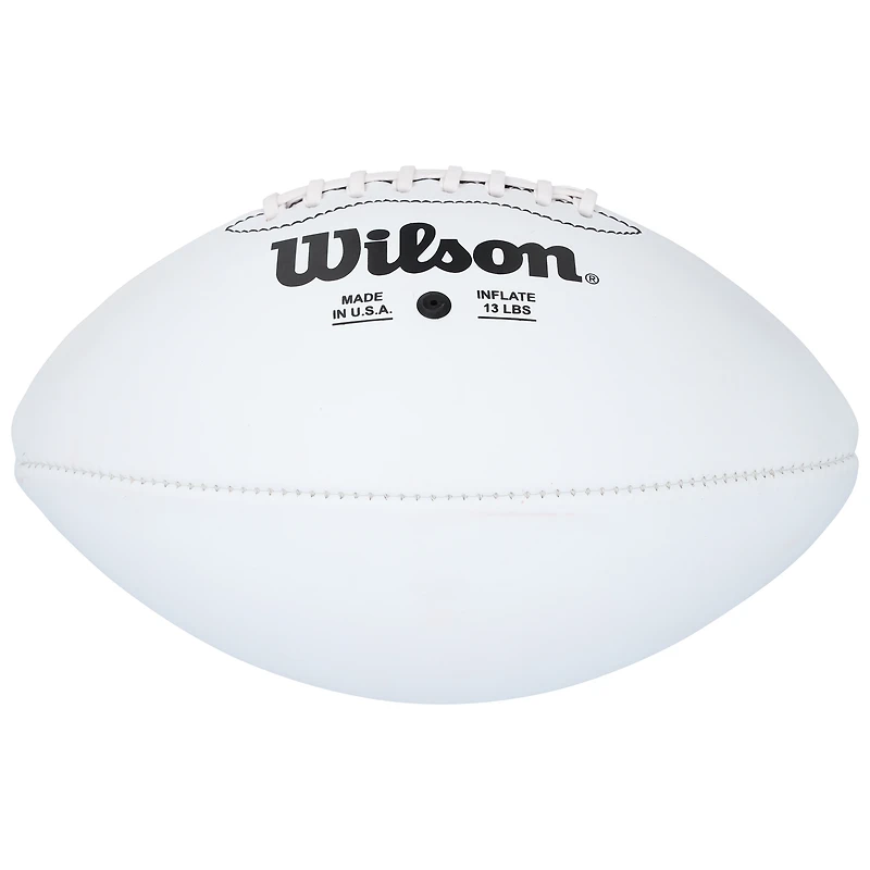 Ballon de football blanc dédicacé par Justin Tuck des New York Giants pour la 100e saison de Wilson avec l'inscription « 2x SB Champs »