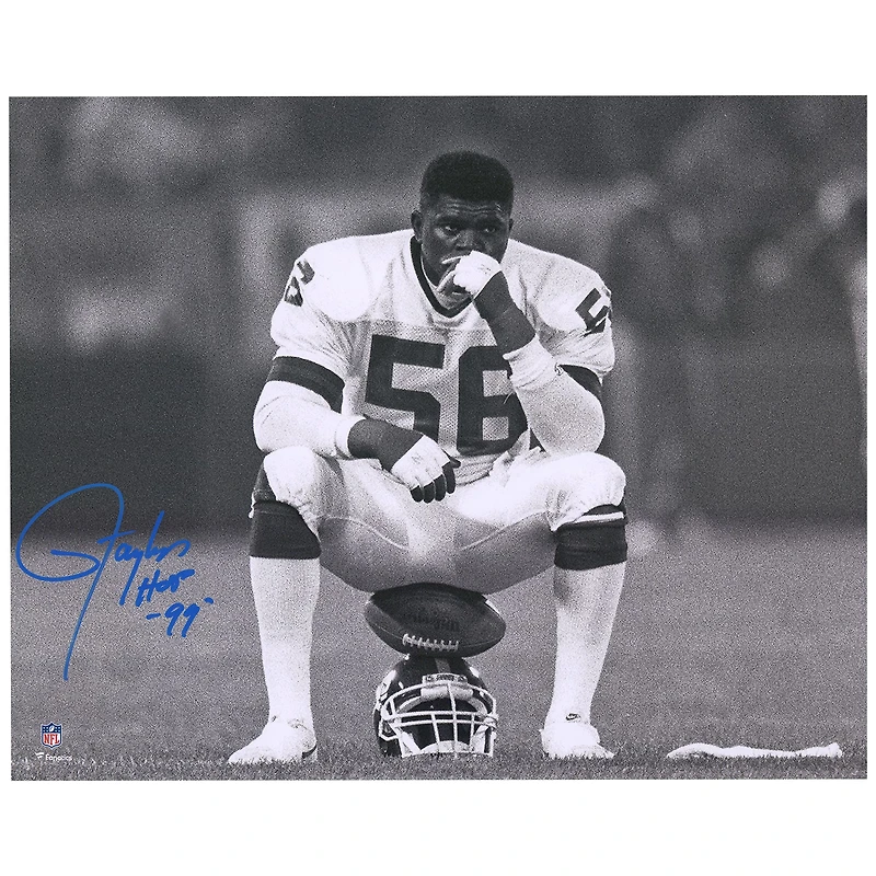Lawrence Taylor New York Giants Autographed 16" x 20" Helmet Sit Photograph with "HOF 99" Inscription - Blue Ink