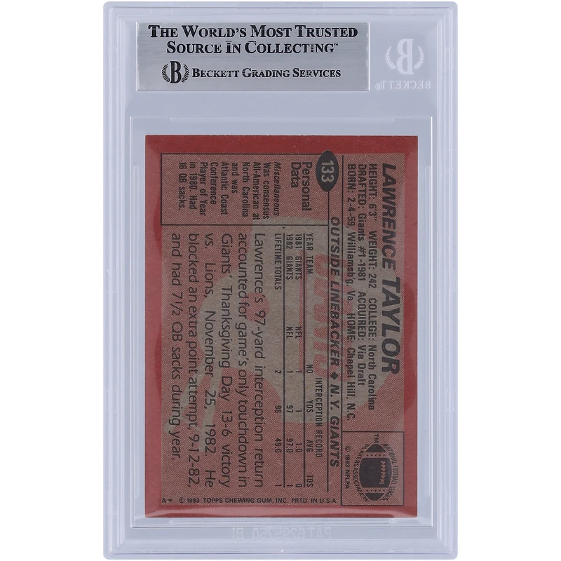Lawrence Taylor New York Giants Autographié 1983 Topps #133 Beckett Fanatics Witnessed Authenticated Card