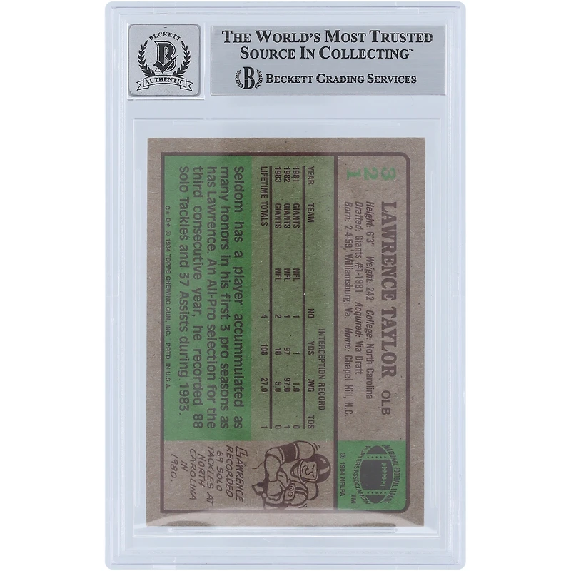 Lawrence Taylor New York Giants Autographed 1984 Topps #321 Beckett Fanatics Witnessed Authenticated 10 Card