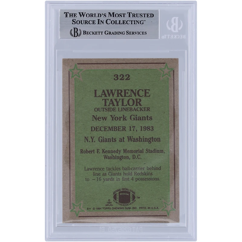 Lawrence Taylor New York Giants Autographed 1984 Topps #322 Beckett Fanatics Witnessed Authenticated Card