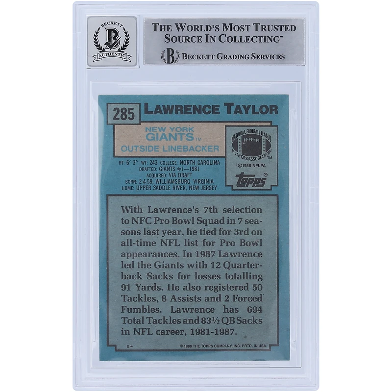 Lawrence Taylor New York Giants Autographed 1988 Topps #285 Beckett Fanatics Witnessed Authenticated 10 Card