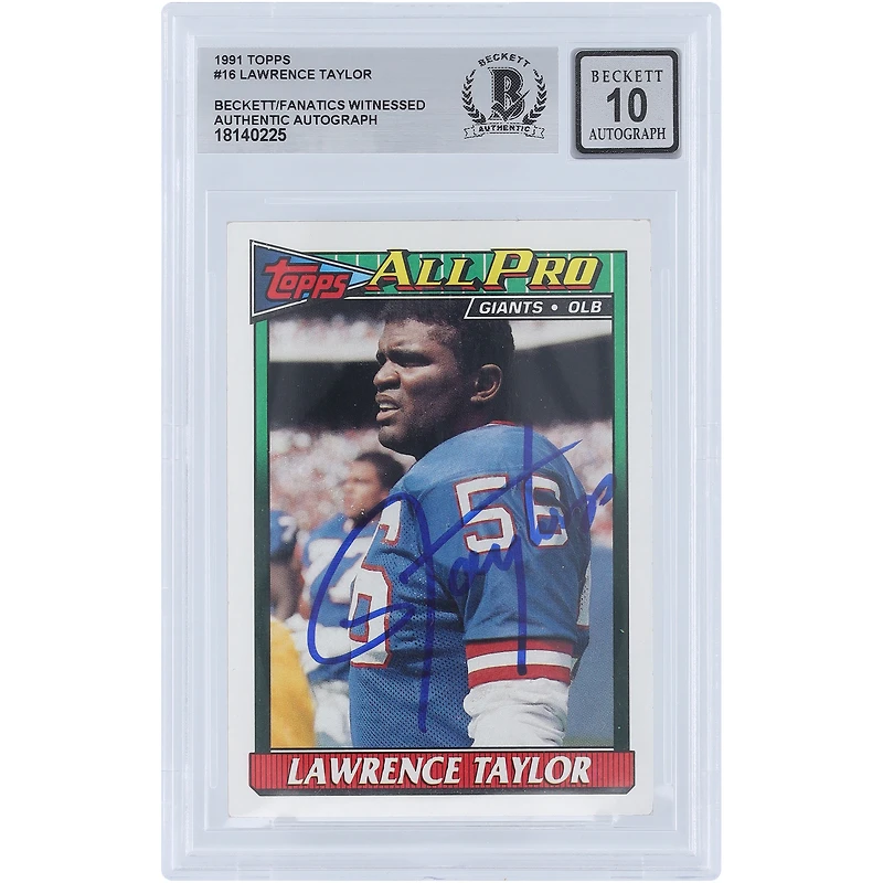 Lawrence Taylor New York Giants Autographié 1991 Topps #16 Beckett Fanatics Witnessed Authenticed 10 Card