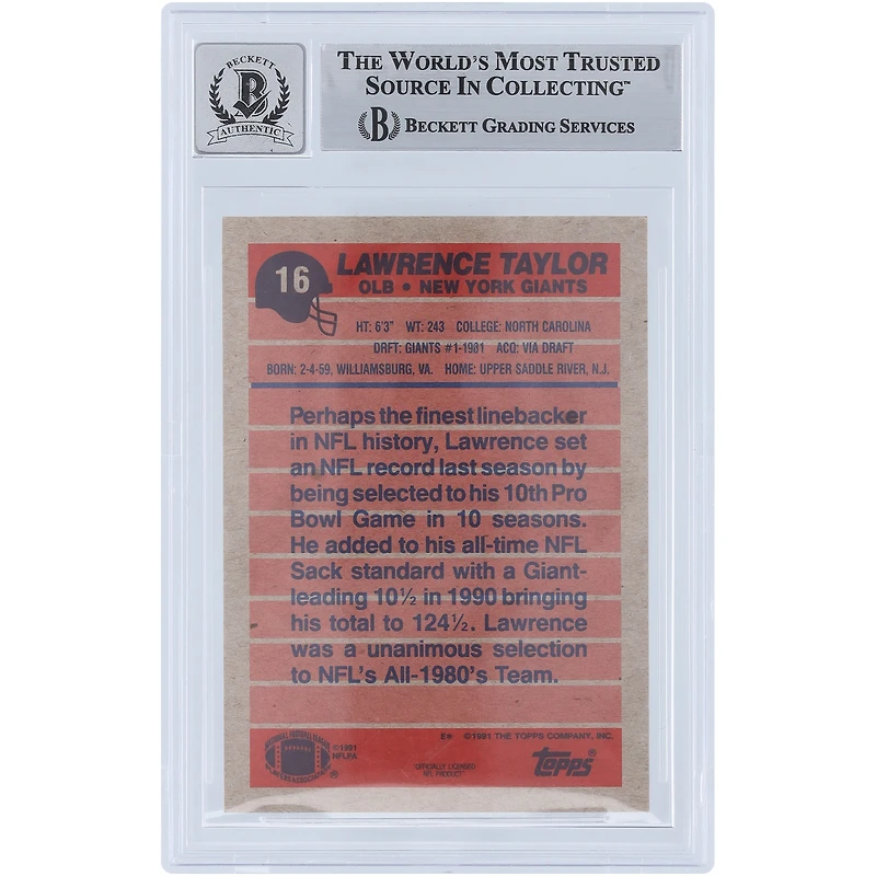 Lawrence Taylor New York Giants Autographié 1991 Topps #16 Beckett Fanatics Witnessed Authenticed 10 Card