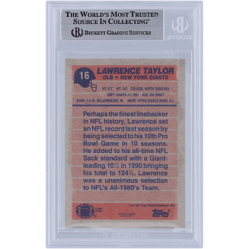 Lawrence Taylor New York Giants Autographié 1991 Topps #16 Beckett Fanatics Witnessed Authenticated Card