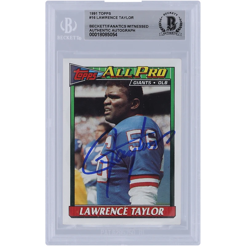 Lawrence Taylor New York Giants Autographié 1991 Topps #16 Beckett Fanatics Witnessed Authenticated Card