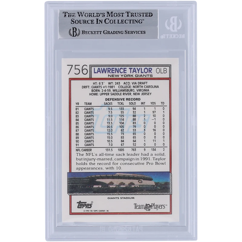 Lawrence Taylor New York Giants Autographed 1992 Topps #756 Beckett Fanatics Witnessed Authenticated Card
