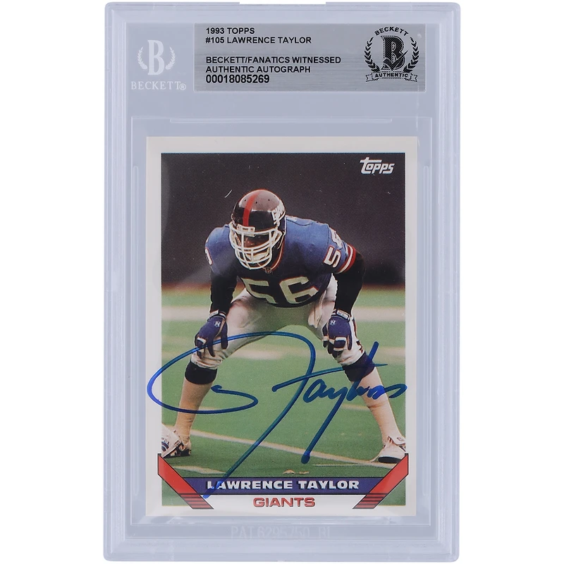 Lawrence Taylor New York Giants Autographié 1993 Topps #105 Beckett Fanatics Witnessed Authenticated Card