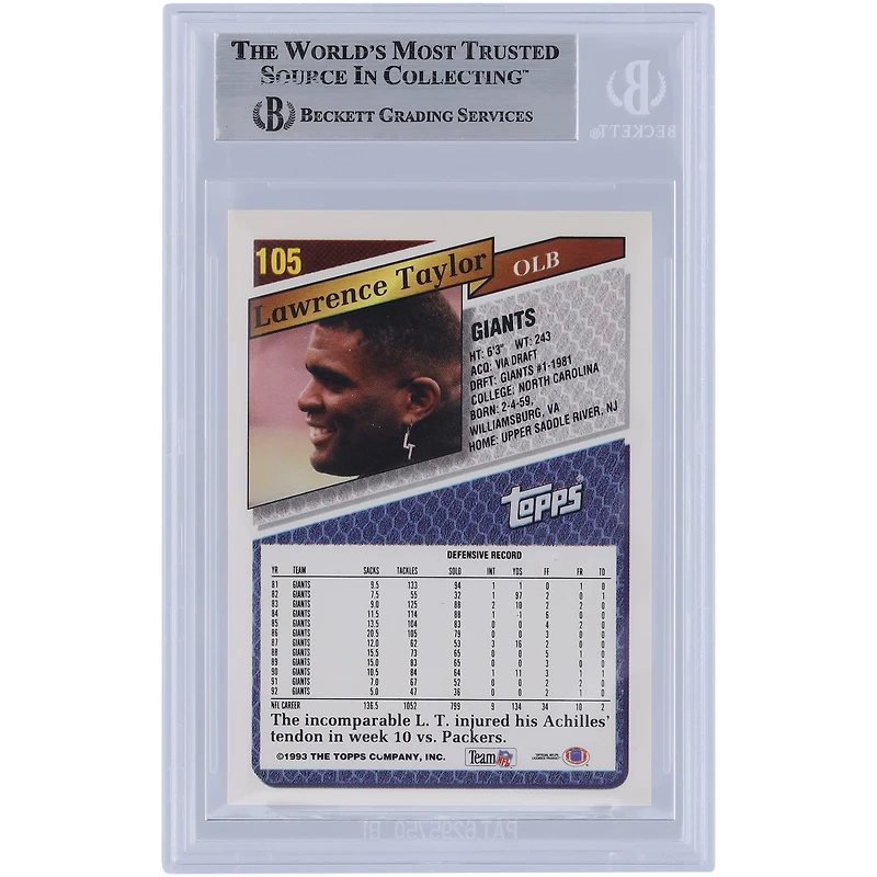 Lawrence Taylor New York Giants Autographié 1993 Topps #105 Beckett Fanatics Witnessed Authenticated Card