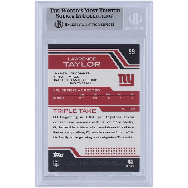 Lawrence Taylor New York Giants Autographié 2008 Topps Triple Threads #99 #/779 Beckett Fanatics Witnessed Authenticated Card