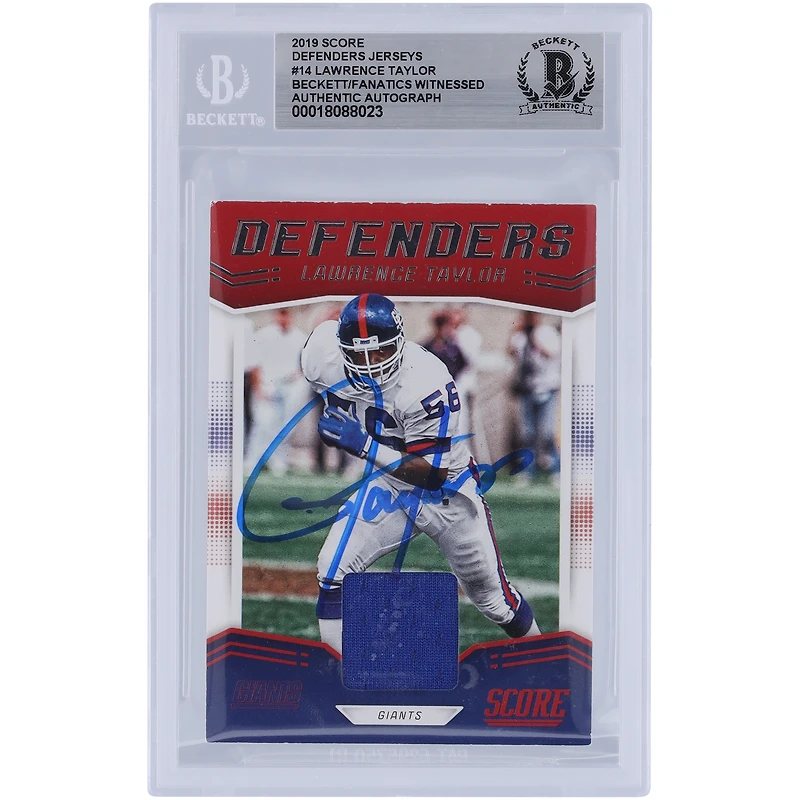 Lawrence Taylor New York Giants Autographié 2019 Panini Score Defenders Jersey Relic #D-14 Beckett Fanatics Witnessed Authenticated Card