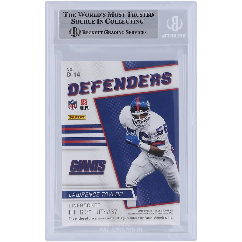 Lawrence Taylor New York Giants Autographié 2019 Panini Score Defenders Jersey Relic #D-14 Beckett Fanatics Witnessed Authenticated Card