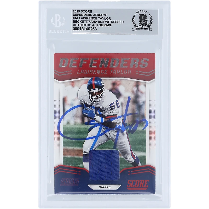 Lawrence Taylor New York Giants Autographié 2019 Panini Score Defenders Jersey Relic #D-14 Beckett Fanatics Witnessed Authenticated 10 Card