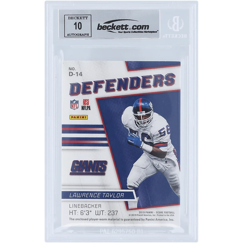 Lawrence Taylor New York Giants Autographié 2019 Panini Score Defenders Jersey Relic #D-14 Beckett Fanatics Witnessed Authenticated 10 Card