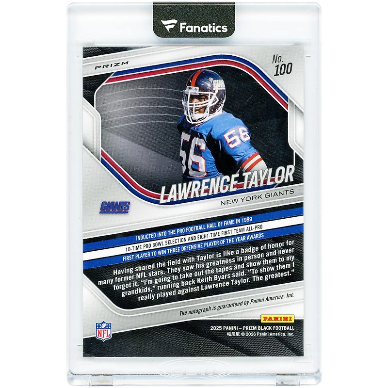 Lawrence Taylor New York Giants Autographed 2025 Panini Prizm Black Silver Prizm #100 Card